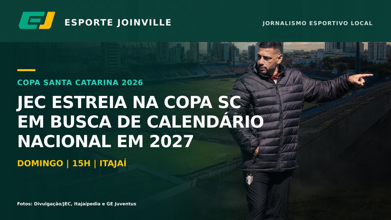 Diego Souza, técnico do JEC, com os estádios Dr. Hercílio Luz e João Marcatto ao fundo