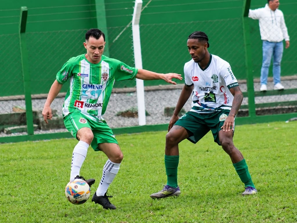 Jogadores de Palmeiras e AA Serrana disputam a bola pela Primeirona Pró-Rim 2026.