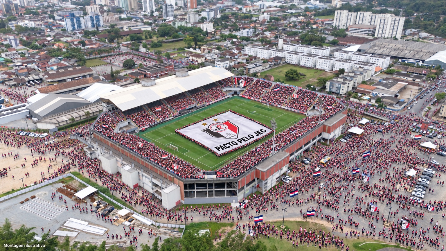 Montagem ilustrativa da Arena Joinville com torcedores e uma bandeira do Pacto pelo JEC.