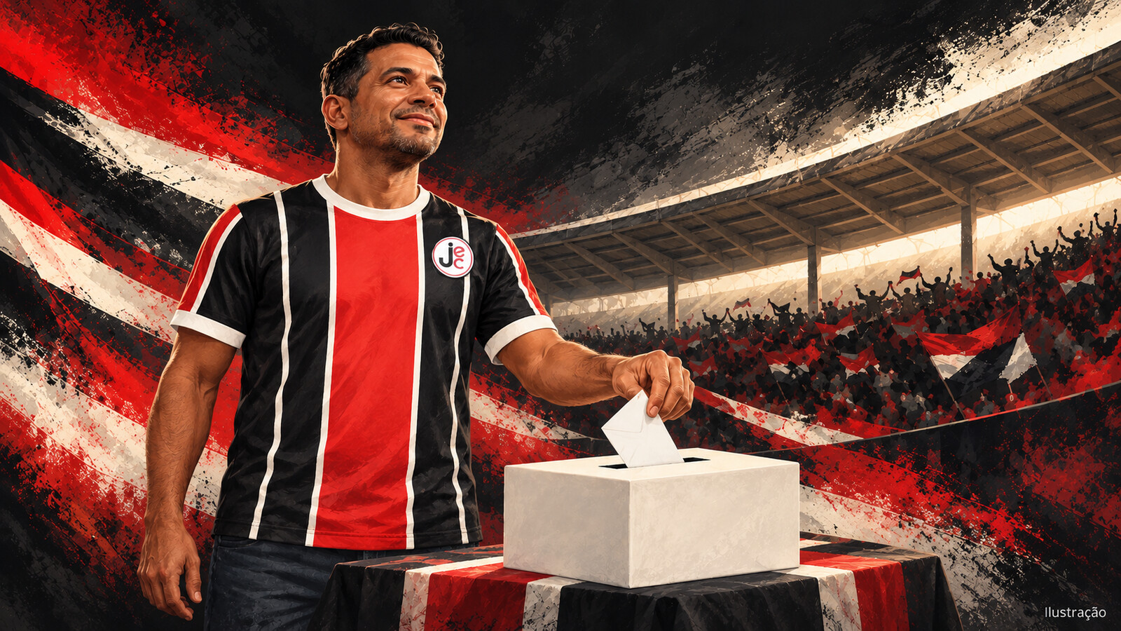 Ilustração de torcedor do Joinville depositando voto em urna.