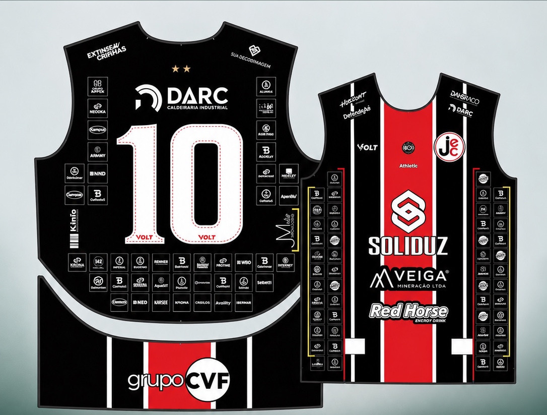 Proposta conceitual das costas e da frente da camisa do JEC com espaços de micropatrocínio
